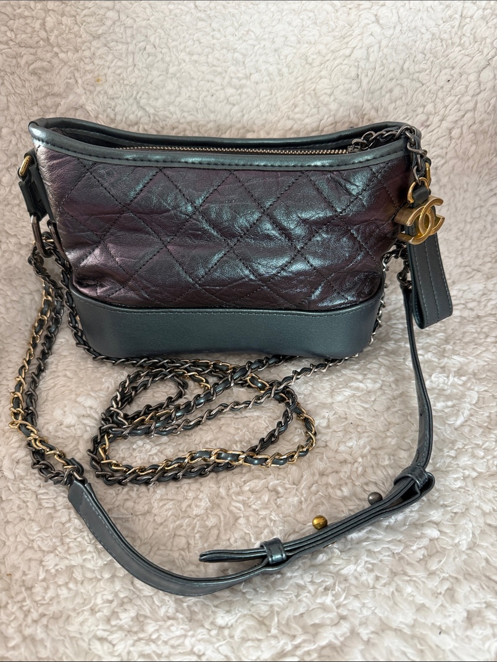 Quilted iridescent Metallic Plum and Green Leather Crossbody Bag